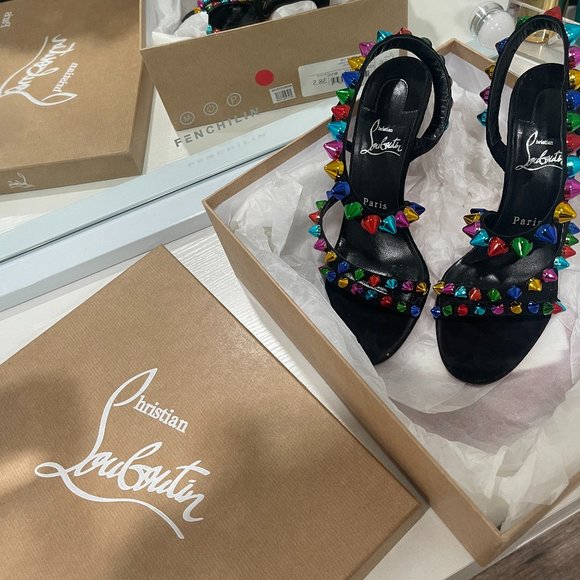 Christian Louboutin Shoes - CHRISTIAN LOUBOUTIN Spikita 100 mm black and rainbow suede sandal heels